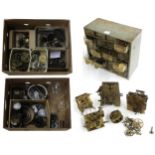 Large quantity of old clock movements and movement parts; also various other clock fittings