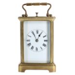 Small repeater carriage clock striking on a gong, within a corniche brass case, 6" high; also within