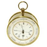 Rare and interesting brass drumhead clock/barometer, the 5.5" barometer chapter ring inscribed E.