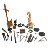 Large quantity of clock making tools, including hand tools, mainspring winder, pliers and various