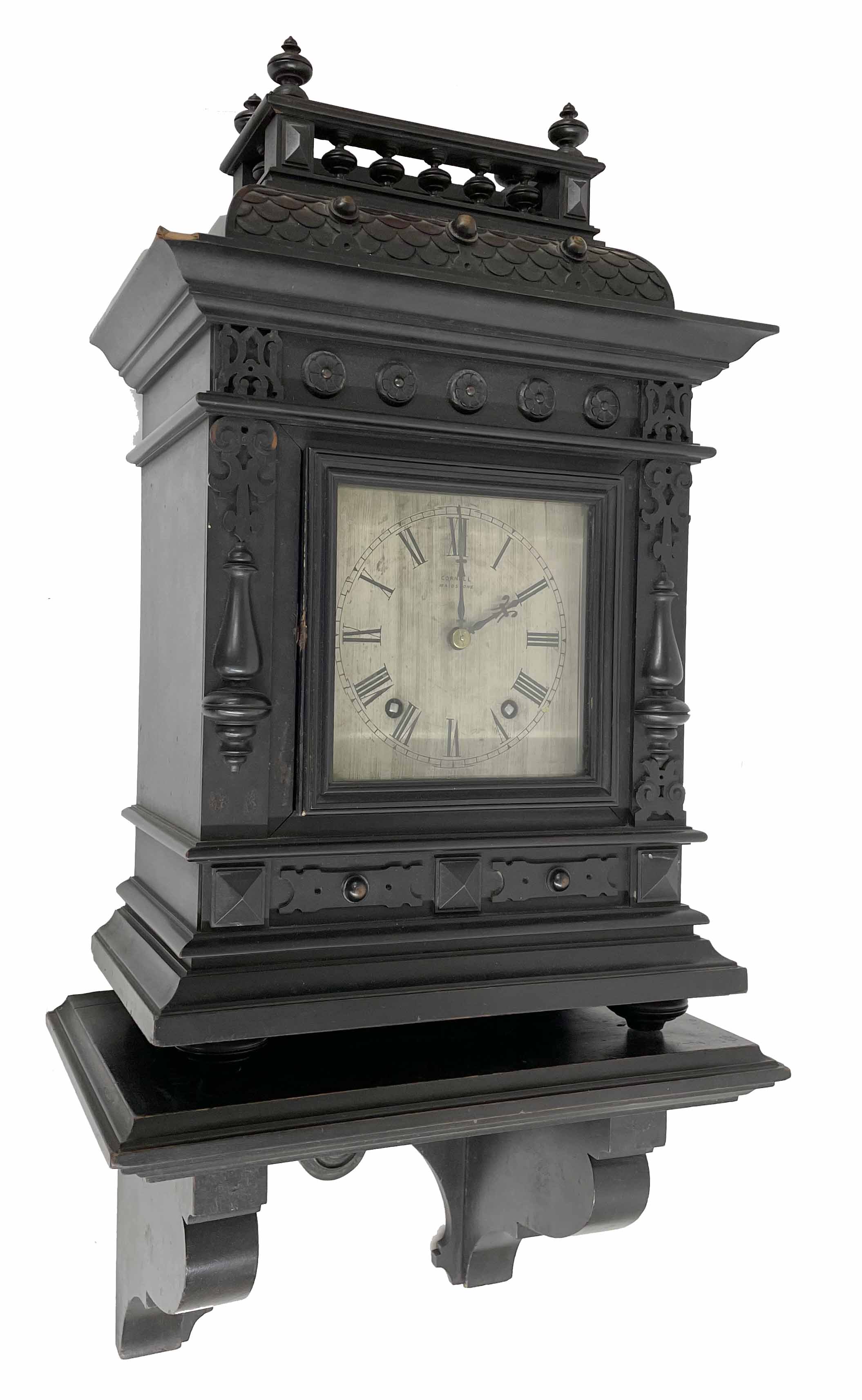 German ebonised ting-tang bracket clock and wall bracket, the movement back plate inscribed D.R.