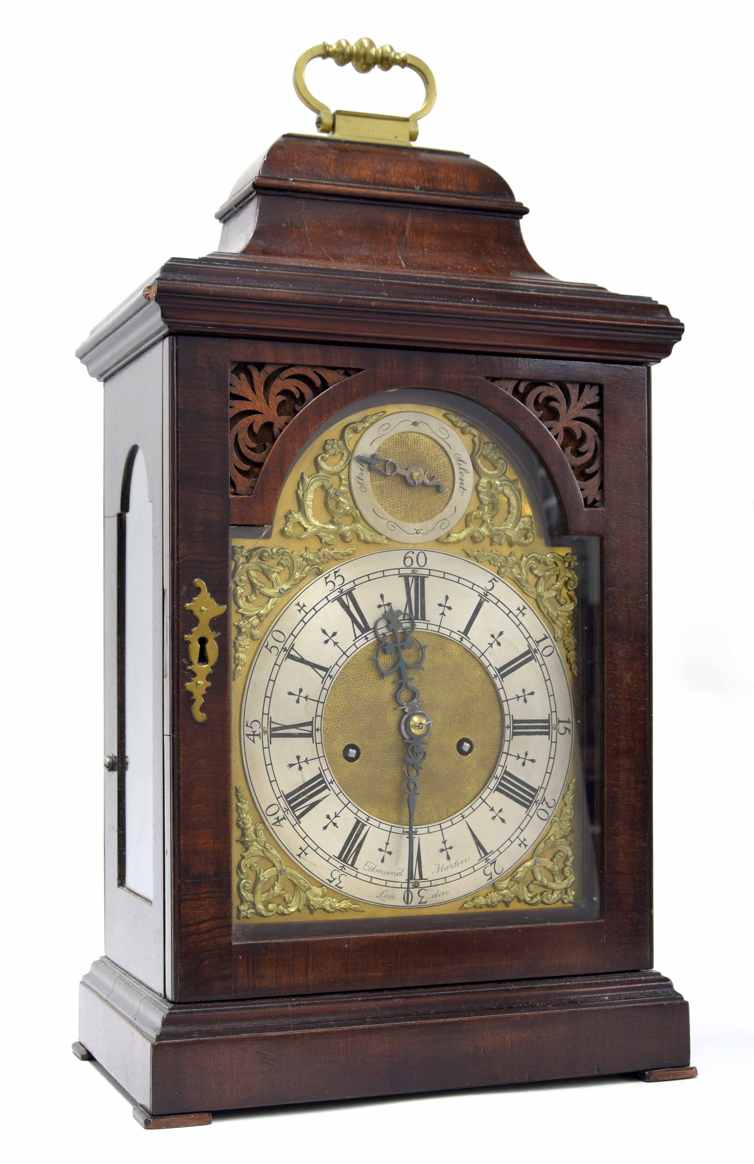 Mahogany double fusee bracket clock, the 7" brass arched dial signed Edmund Martin, London on the