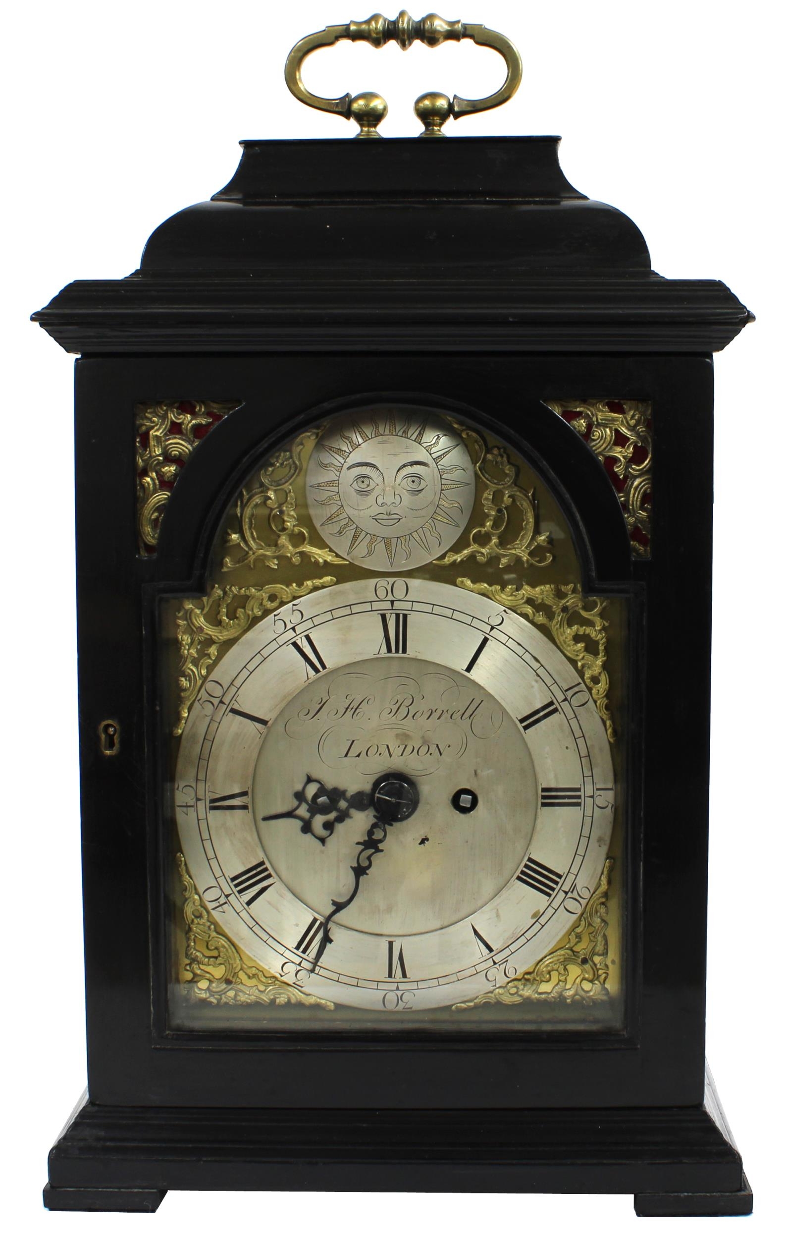 English ebonised double fusee bracket clock, the 7" brass arched dial signed J.H. Borrell, London on
