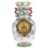 19th century Chinese porcelain vase clock, the French movement with outside countwheel striking on a