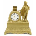 Small French ormolu figural mantel clock timepiece, the 2.25" white enamel dial within a tree