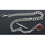 Graduated curb link watch Albert chain, with a swivel bloodstone fob, T-bar and swivel clasp, 68.