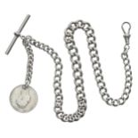 Silver graduated curb link watch Albert chain, with a George IV shilling coin fob, T-bar and