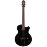 Yamaha AEX500 semi-hollow body electric guitar; Body: black finish, buckle scratches and dings,