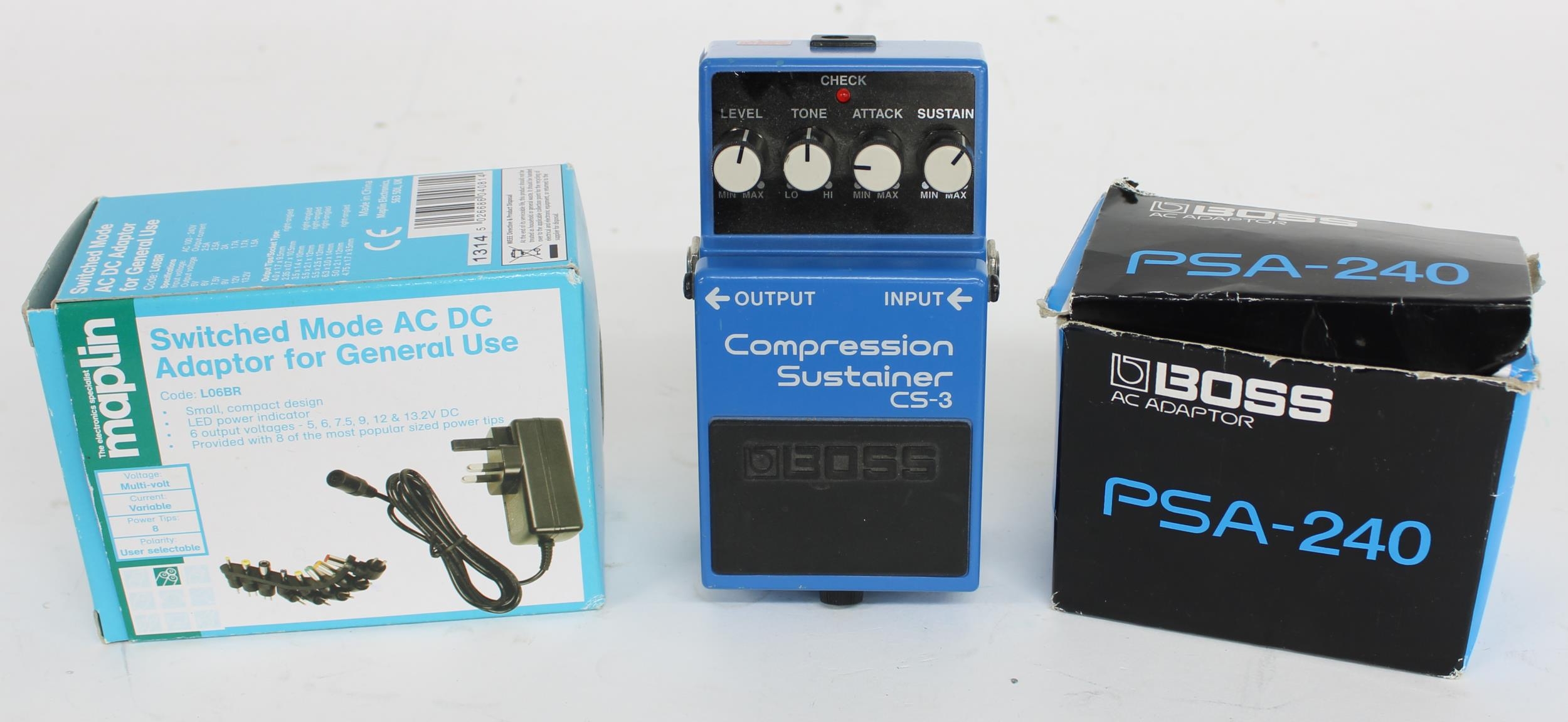 Boss CS-3 Compression Sustainer guitar pedal with Boss PSA-240 PSU; also a Maplin AC/DC adapter