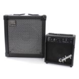 Roland Cube 60 guitar amplifier, dust cover; together with an Epiphone Electar 10 practice amplifier