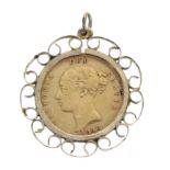 Victorian 1886 'young head' half sovereign coin with a shield back, within a 9ct pendant mount, 5.