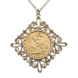 1974 full sovereign coin, within a 9ct mount and upon a 9ct necklet, 18gm in total, necklet 11.