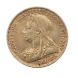 Victorian 1899 half sovereign coin, 4gm