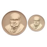 Two 22ct hallmarked commemorative Sir Winston Churchill coins, 1874-1965, J.T & Co stamp, 58mm and