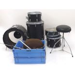 Five piece drum kit, with an Ajax Boosey & Hawkes snare drum, black leather wrapped drums, with