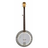 Contessa contemporary five string banjo with mahogany resonator, foliate engraved metal mounts and