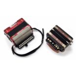 Hohner Erica small button accordion, red marble finish, case; also an old German melodion (in need
