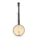Old five string banjo probably by Stewart, with 11" skin and mother of pearl dot and star inlay to