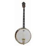 Bacon & Day silver bell four string banjo, the faux mother of pearl foliate engraved resonator