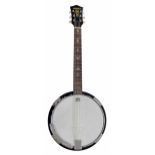 Samick six string banjo, with banded resonator, 11"skin and geometric stylised mother of pearl inlay
