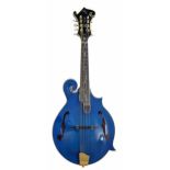 Michael Kelly contemporary F-style mandolin, with blue finish body and mother of pearl foliate