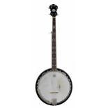 Fender five string banjo with mahogany banded resonator, 11" skin and mother of pearl foliate