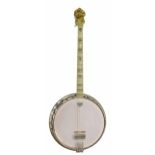 Bacon & Day Senorita four string banjo, with faux mother of pearl resonator back bearing a plate