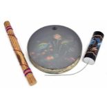 Remo 16" ocean drum; together with a thunder effects drum and a wooden rain stick (3)