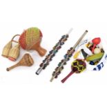 Mixed selection of hand shaker percussion, to include a large gourd Cabasa, another similar