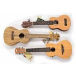 Three contemporary ukuleles by Stagg, model UCX-ROS-SE, Halona, model no. UKS-15SS and Eddy Finn