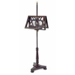 Victorian mahogany duet music stand, the two lyre adjustable ledges supported upon a pole and gun