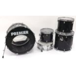 Premier five piece drum set; with four Sabian cymbals and hardware, all cased (heavily used, with