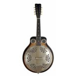 Good Regal resonator mandolin, with sunburst finish and mother of pearl dot inlay to the