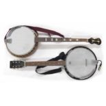 Barnes & Mullins six string banjo, 11" skin and mother of pearl dot inlay to the fretboard; also
