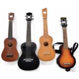 Four various contemporary ukuleles; vintage electric model with guitar shape body, soft case,