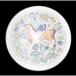 Poole Pottery charger, decorated with a young horse among stylised flowers, factory stamp and