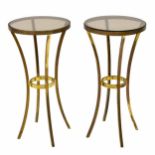 Good pair of Italian gilt metal circular side tables with smoked glass tops, raised on slender swept