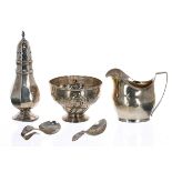 Selection of silver items to include a Georgian helmet shape silver cream jug, maker indistinct,