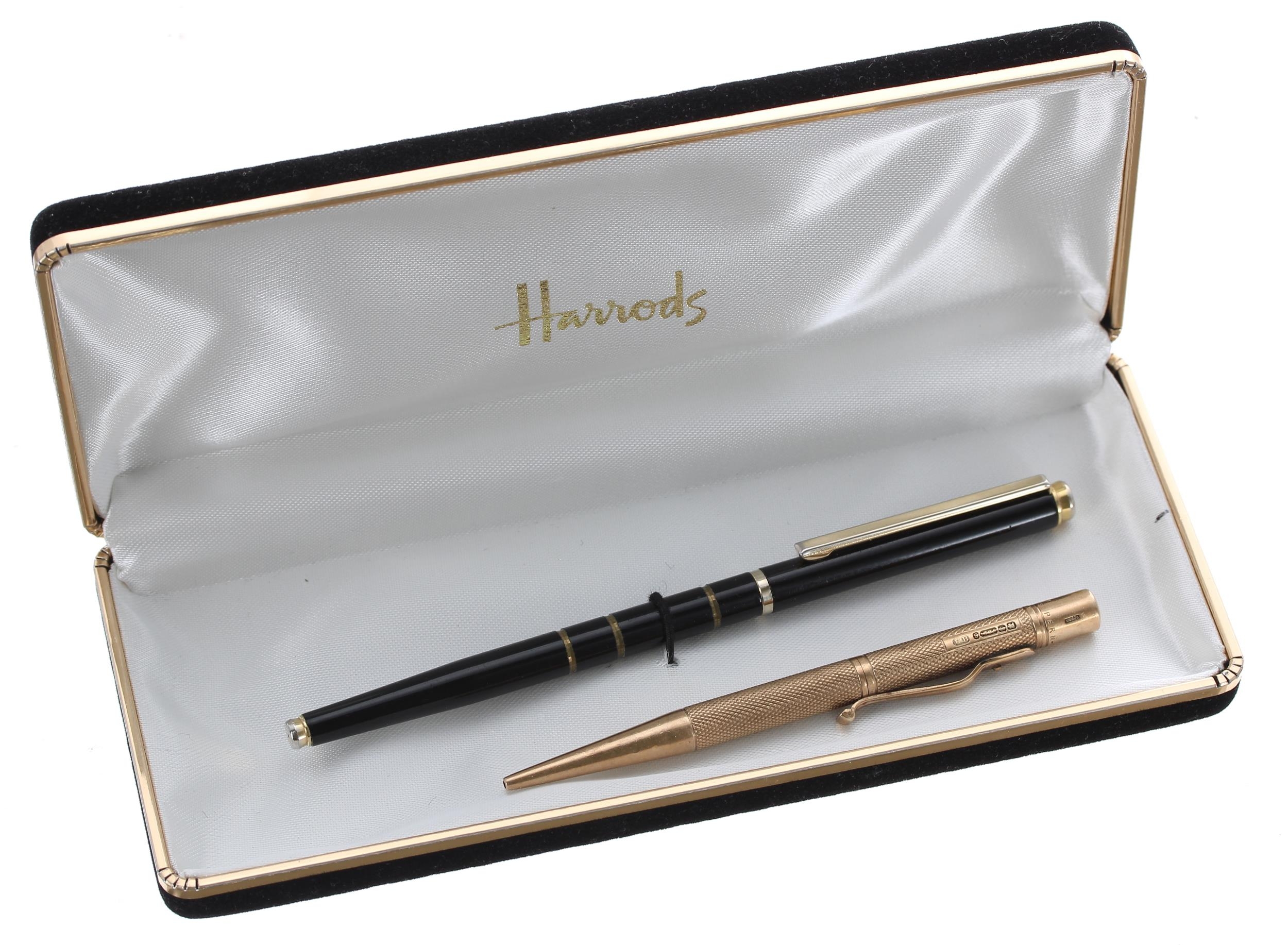 Baker's Perm-Point 9ct engine turned pencil, Birmingham 1957, 18.8gm; with a boxed Harrods pen (2)
