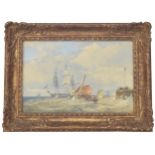 English School (19th century) - coastal scene with figures and other vessels off a harbour, pencil