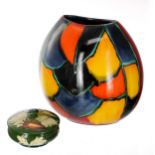 Moorcroft Pottery Lily pot with cover, 4.75" diameter; together with a Poole Pottery 'Mosaic