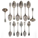 Six George III silver tablespoons 8.75" long, six dessert spoons 7" long and two sauce ladles, maker