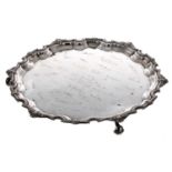 J B Chatterley & Sons Ltd. circular silver salver, with moulded pie crust rim, raised on three feet,