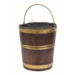 Georgian mahogany and brass coopered peat bucket, 15" high