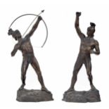 Two spelter figures of Roman gladiators, one an archer, modelled on naturalistic rocky bases,