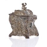 Vanbergh S Plate Co silver plated repousse tea caddy, with Chinese figural panelled sides and hinged