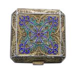 Attractive Portuguese silver-gilt filigree and enamel compact case, square with cut corners, the