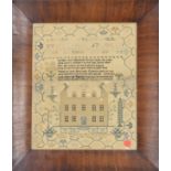 George IV embroidered sampler, worked with the alphabet, prayer verse and the image of a house front