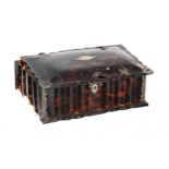 Victorian tortoiseshell box with plated mounts, strapwork hinged cover enclosing a wood lined