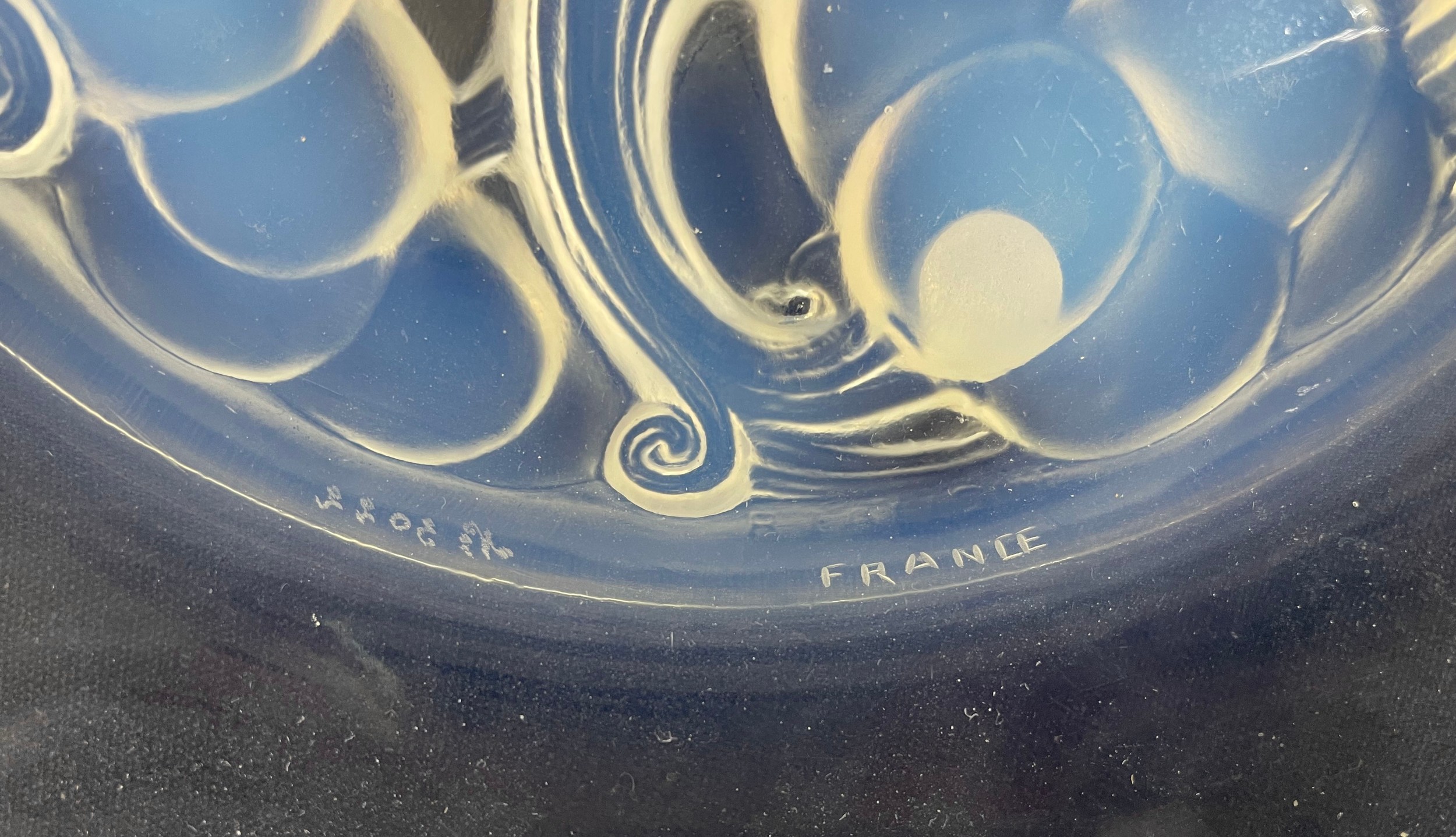 Lalique 'Marienthal' blue opalescent relief moulded glass plate, moulded stencil mark R Lalique, - Image 3 of 4